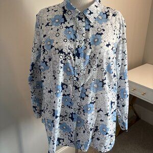 Talbots Plus Floral Button Front Blouse 2X Blue White
